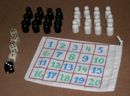 a+d+d+d--add numbers on dice to get 3, 4, or 5 pawns in a row