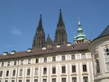 Part of castle, with cathedral spires behind it