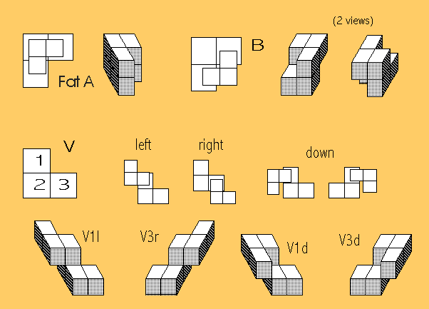 Tromino-based hexacubes, showing their shapes with names