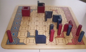 Teleporters game in progress - each player has brought a pole into a goal space