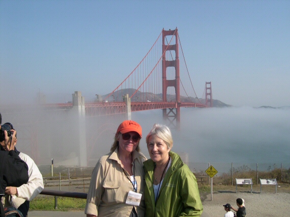 Kate and Kimberly and bridge in morning mist