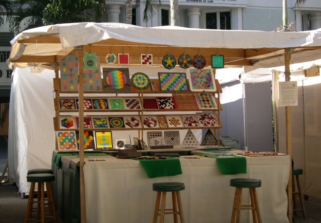 Retired wood booth display, no side curtains